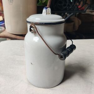 Vintage Antique White Enamelware Milk Canister Lid Wood Bail Handle 9" Farmhouse
